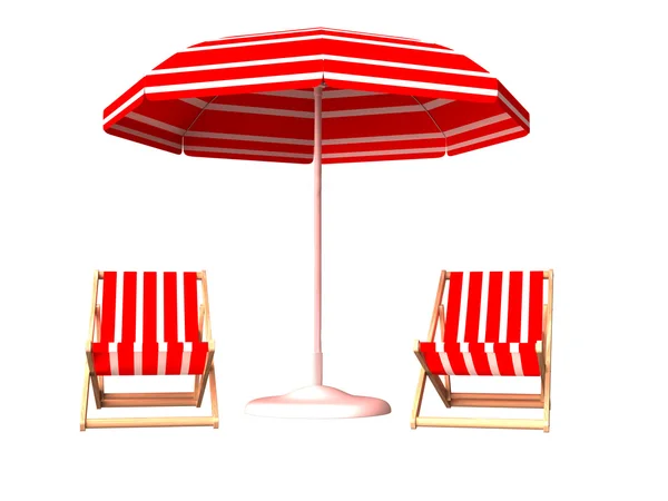 Kırmızı plaj sandalye ve şemsiye — Stok fotoğraf