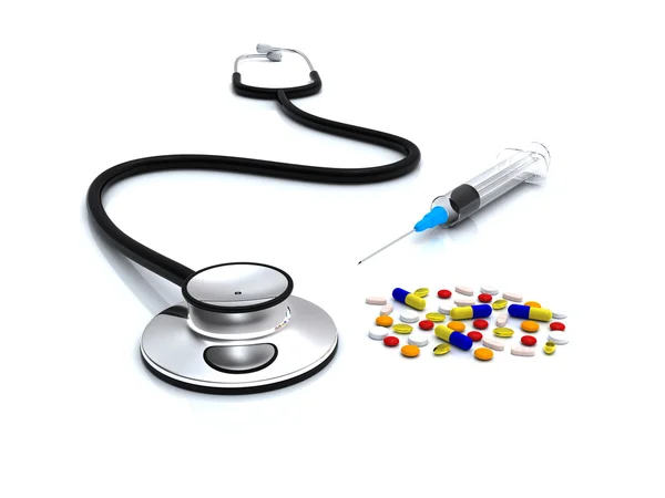 stock image Stethoscope, syringe and pills