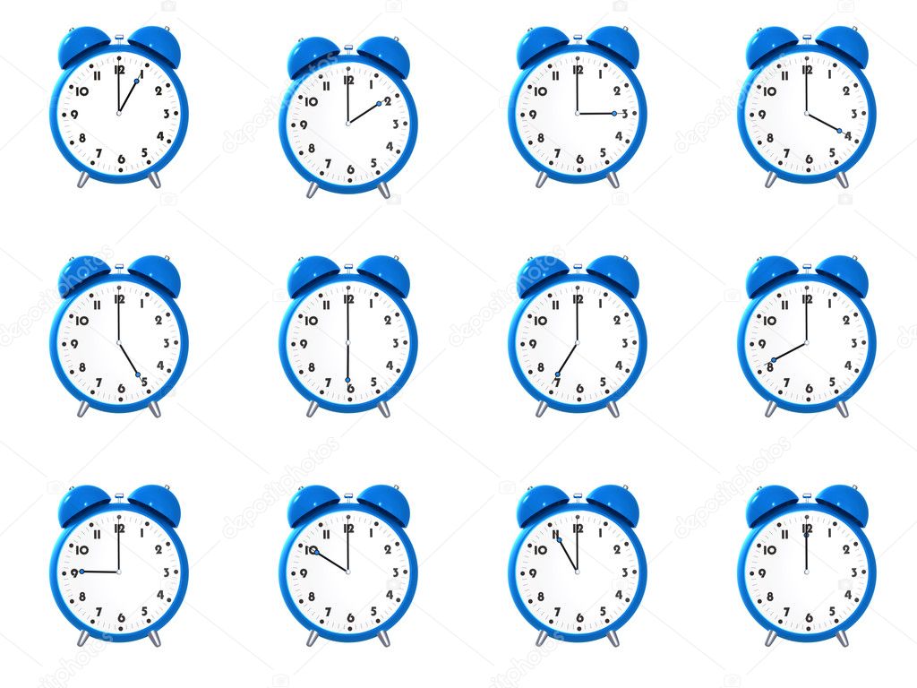 Twelve blue alarm clock's