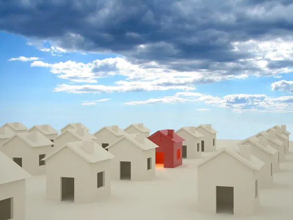 3D σπίτια με σύννεφα — Φωτογραφία Αρχείου