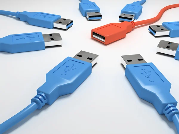 Oito conectores USB azuis e um vermelho — Fotografia de Stock