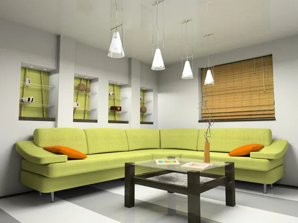 Интерьер с зеленым диваном — стоковое фото