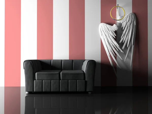Interieur met zwarte sofa en paar vleugels — Stockfoto