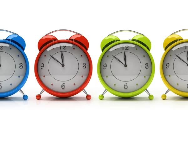 Four colourful alarm clocks — Stock Photo, Image