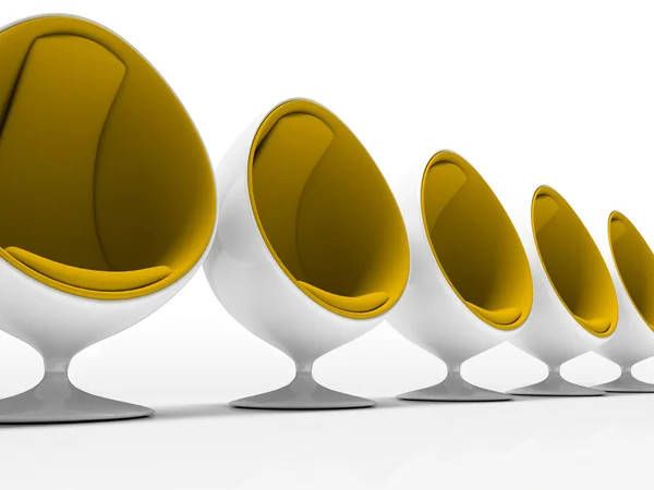 Cinco cadeiras amarelas isoladas — Fotografia de Stock