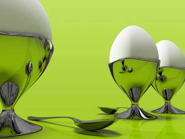 Tre ägg och en metallisk sked — Stockfoto