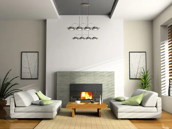 Interior del hogar con chimenea y sofás — Foto de Stock