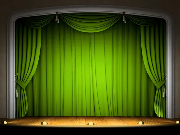 Lege podium met groene gordijn — Stockfoto