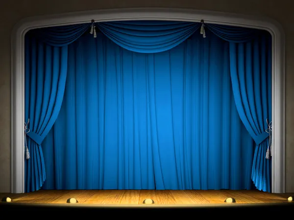 Leere Bühne mit blauem Vorhang — Stockfoto