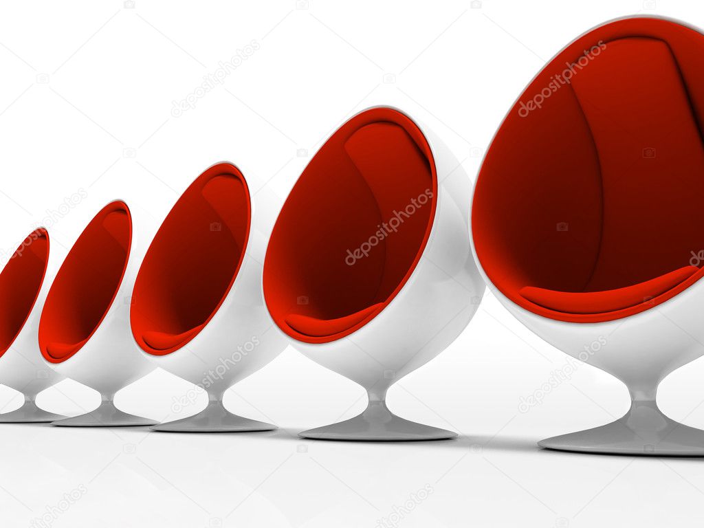 Five red chairs isolated