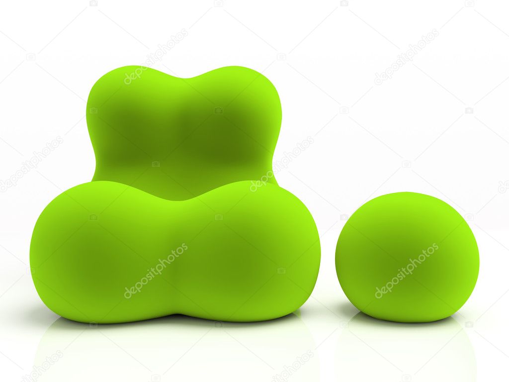 Green armchair and padded stool