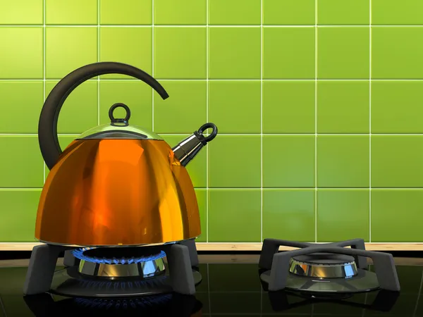 Chaleira laranja no fogão a gás — Fotografia de Stock
