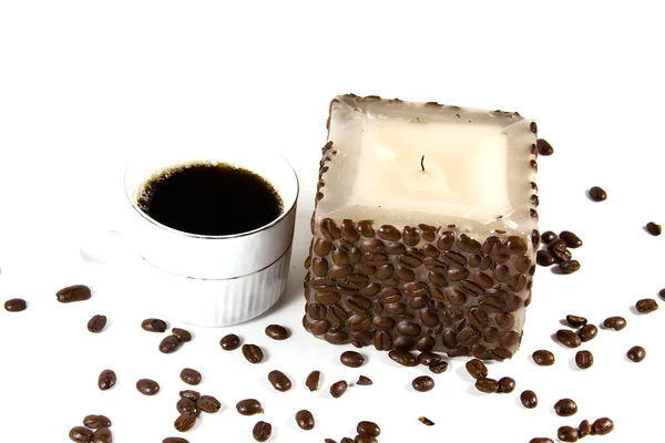 Tasse Kaffee und Kerze — Stockfoto