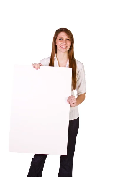 Mujer sosteniendo un signo en blanco — Foto de Stock