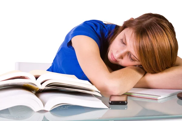 Studentka college'u spanie na jej biurku — Zdjęcie stockowe