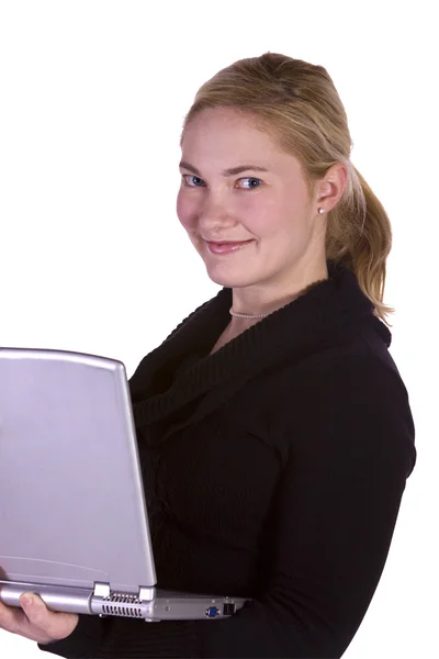 Güzel bir kız bir laptop holding — Stok fotoğraf