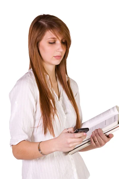 Roztomilá dívka drží knih a časopisů — Stock fotografie