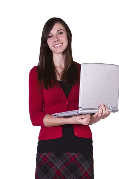 Menina bonita segurando um laptop — Fotografia de Stock