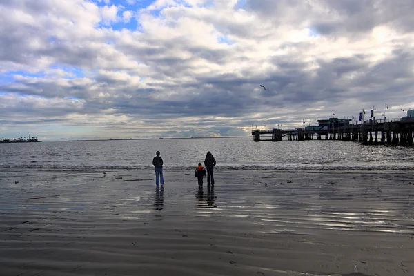 Familj promenader på stranden Royaltyfria Stockfoton