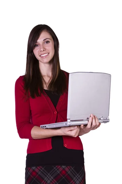 Piękna dziewczyna trzyma laptopa — Zdjęcie stockowe