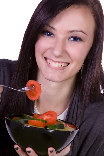Menina bonita comer salada — Fotografia de Stock