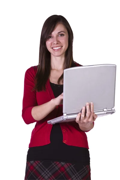 Piękna dziewczyna trzyma laptopa — Zdjęcie stockowe