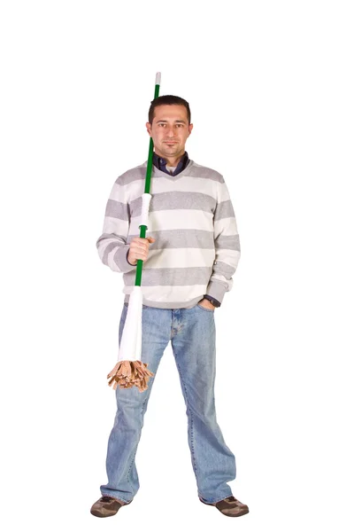 Casual Man Posing with a Sweeper — Stock Photo, Image