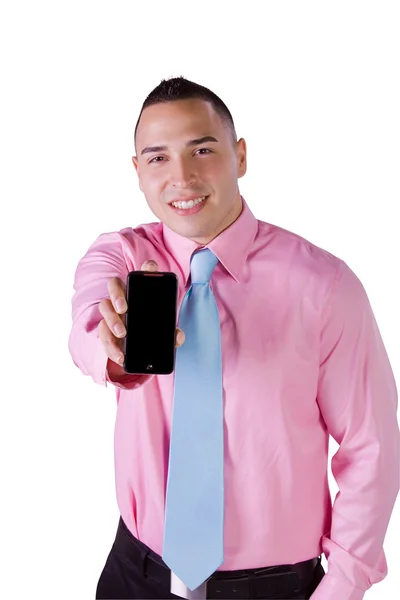Üzletember egy sejt telefon tartó — Stock Fotó