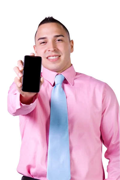 Homme d'affaires tenant un téléphone portable — Photo