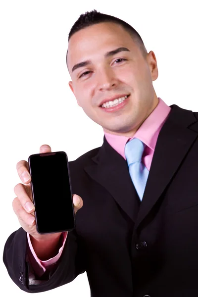 Üzletember egy sejt telefon tartó — Stock Fotó