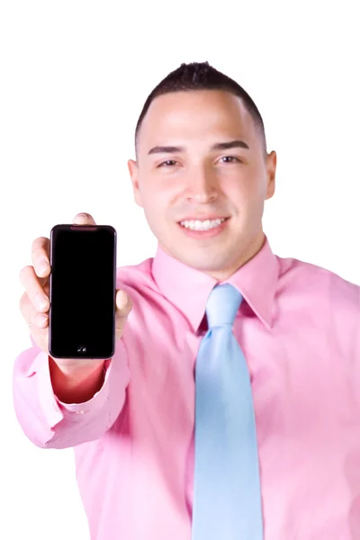 Бізнесмен тримає мобільний телефон — стокове фото