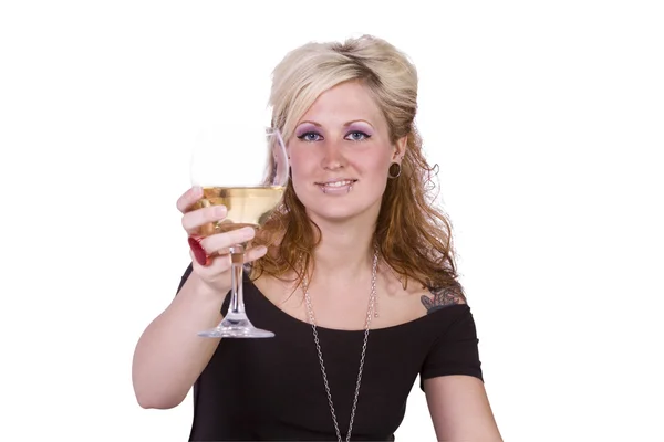 Güzel bir kadın şarap ile poz — Stok fotoğraf