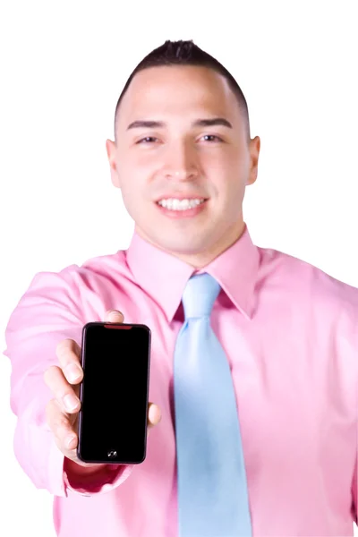 Empresário segurando um celular — Fotografia de Stock