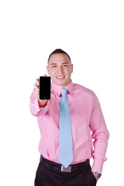 Επιχειρηματίας, κρατώντας ένα κινητό τηλέφωνο — Φωτογραφία Αρχείου