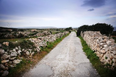 Stone wall lining a narrow country road clipart