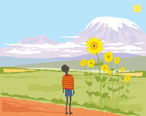 African boy with sunflower — Stock Vector