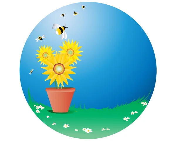 Sunflowers with bees — Stock Vector