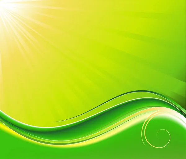 Rayons solaires et backgroun vecteur vert ondulé — Image vectorielle