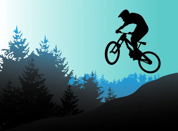 Bicicleta de montaña y ciclista en acción vector — Vector de stock
