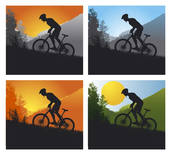 Set de bicicleta de montaña con hombre y bicicleta — Vector de stock