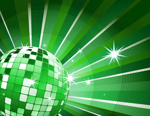 Bola de discoteca en luz verde estallido y estrellas de brillo — Archivo Imágenes Vectoriales