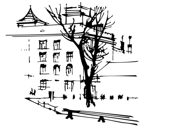 Maison près de l'arbre sur blanc — Image vectorielle