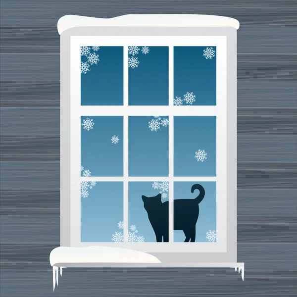 Kot w pobliżu windows w zimie na plakat lub karty wektor — Wektor stockowy