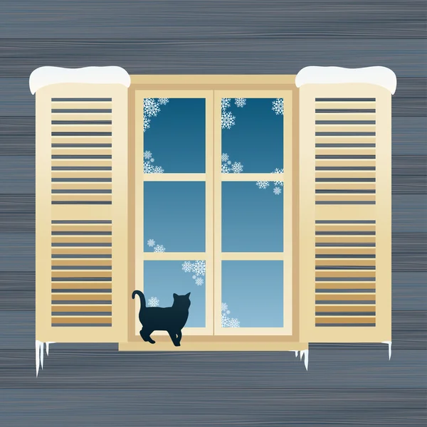 Kot w pobliżu windows w zimie na plakat lub karty wektor — Wektor stockowy