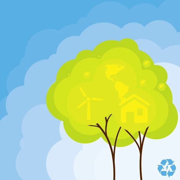 Yeşil elma ağacı ile eko bulut arka plan — Stok Vektör
