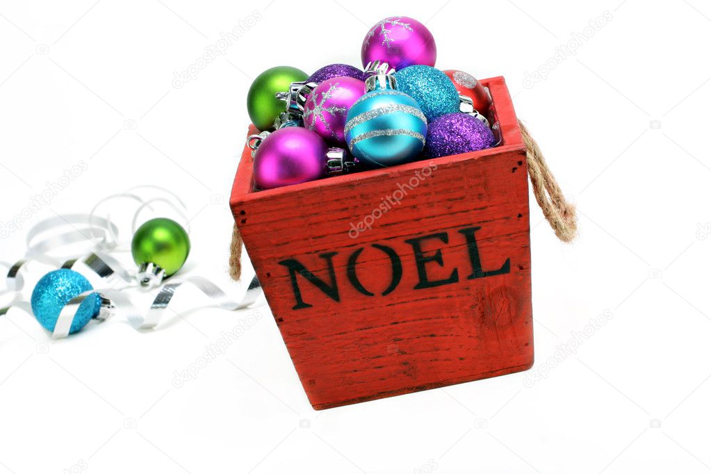 Christmas ornaments in a wooden box