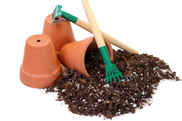 花盆、 工具和种植土壤. 免版税图库照片