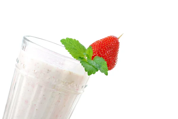 Strawberry smoothie up close on white with copy space. — Stock Photo, Image