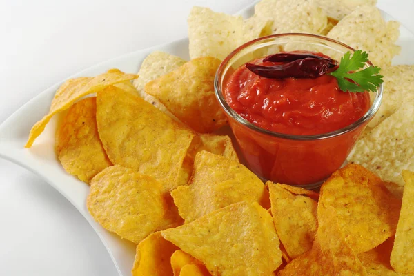 Tomato-Chili Dip with Tacos — Stock Photo, Image