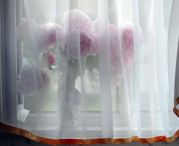 stock image Peonies hidden for curtains.